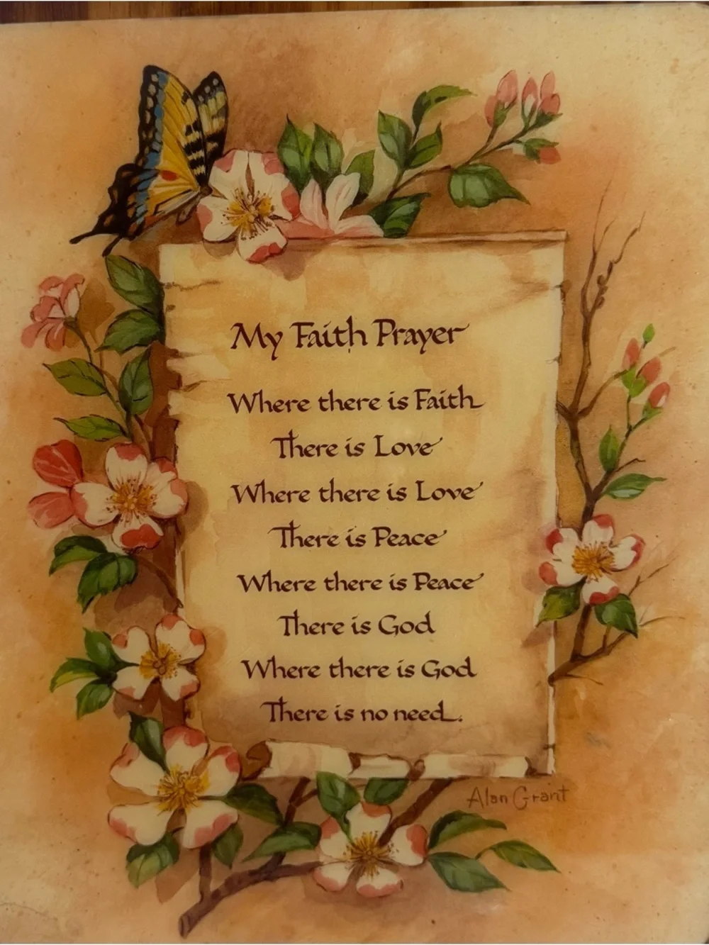 Vintage Wooden Wall Plaque “My Faith Prayer” Floral Butterfly Decor 9.5x11.5